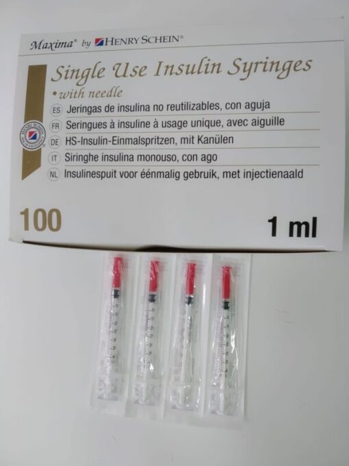 Jeringas de insulina de 1ml, caja con 4 unidaded con tapa roja 