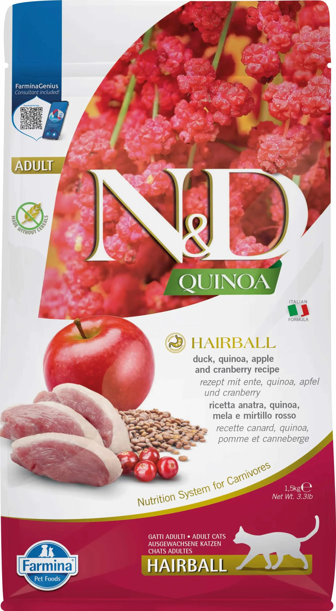 Farmina ND Quinoa para Gatos Antibolas de Pelo con Pato 1.5kg - Nutrición Premium