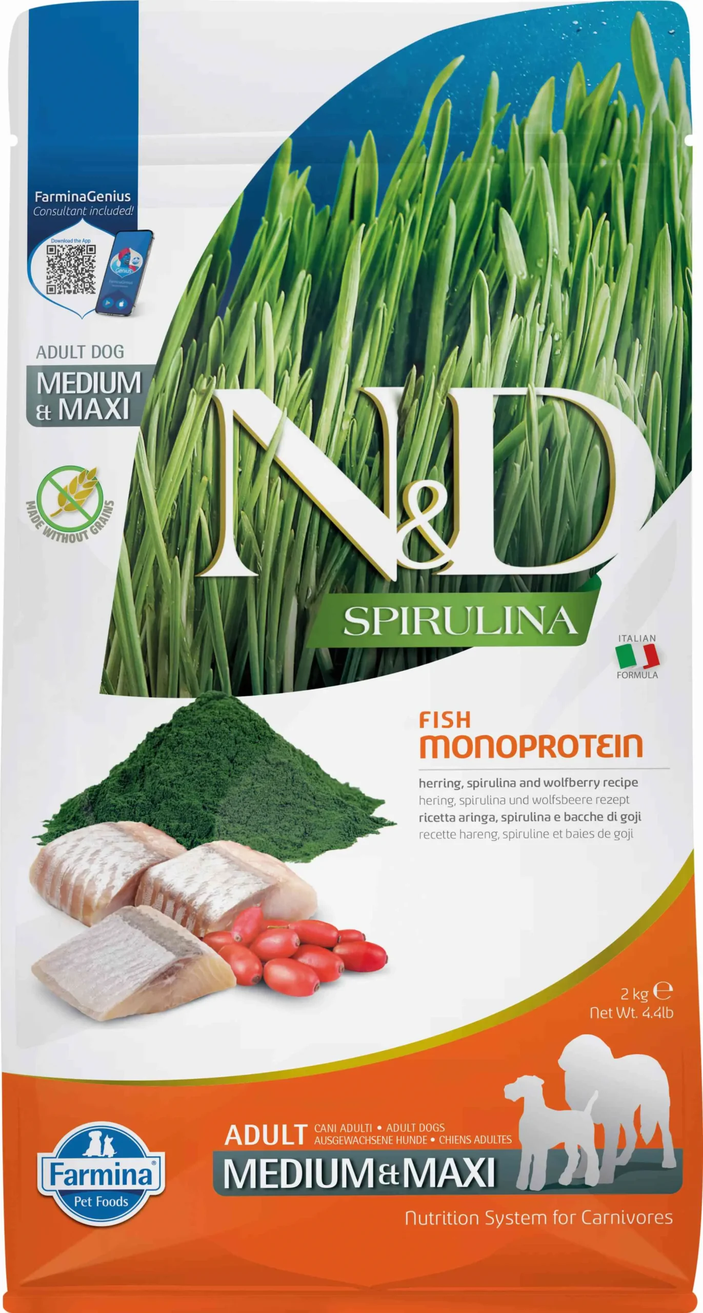 Alimento para Perros FARMINA ND Spirulina Arenque 2kg - Raza Mediana y Grande