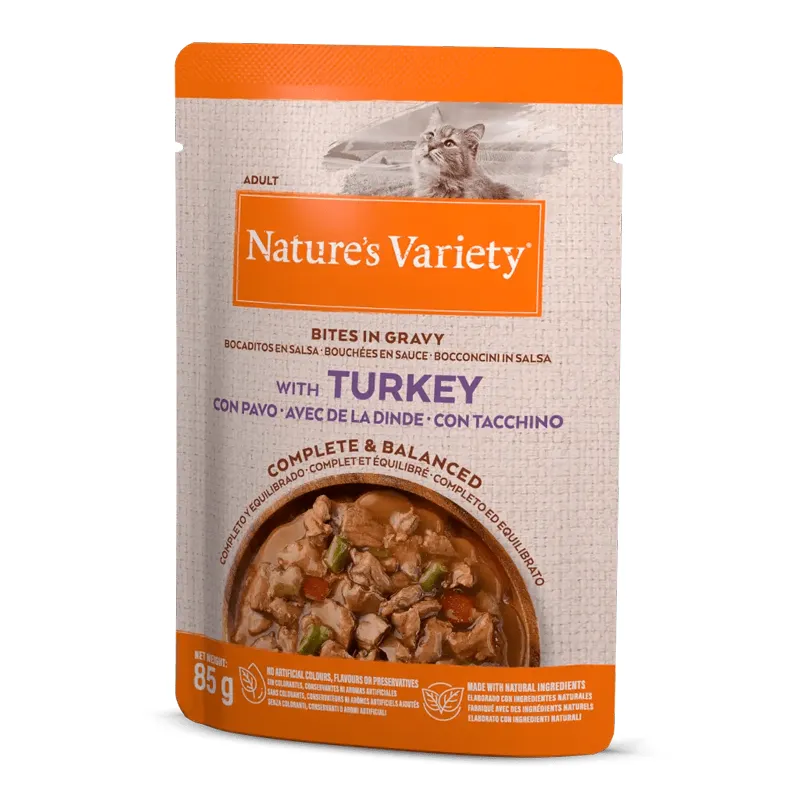 Bocaditos en Salsa de Pavo para Gatos - Nature’s V 22x85g | Alimento Húmedo y Saludable para Gatos