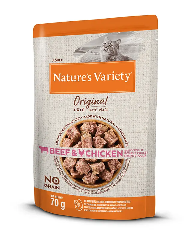 Nature’s v original feline adult paté de buey y pollo 12x70g - comida húmeda saludable para gatos